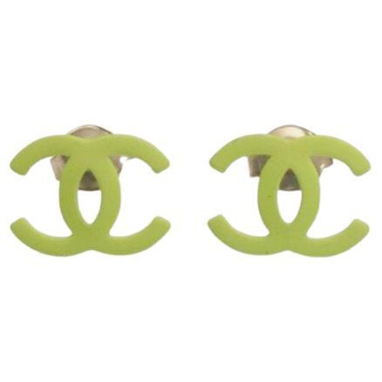 Chanel Green CC Logo Metal Stud Earrings  For Sale