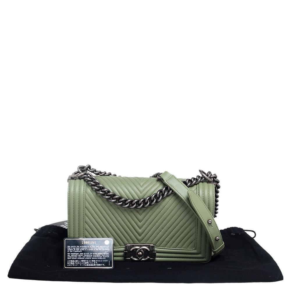 Chanel Green Chevron Leather Medium Boy Flap Bag 5
