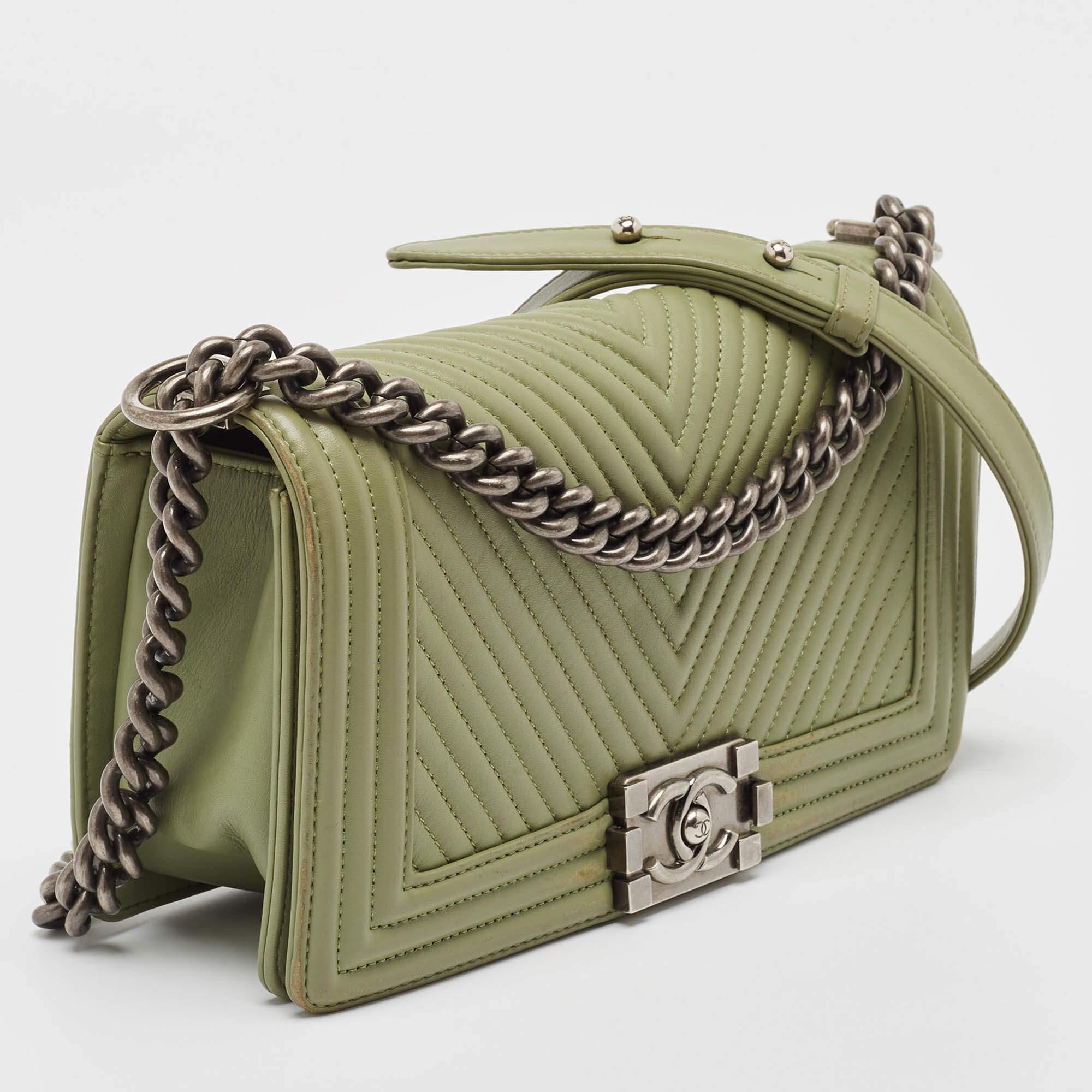 Brown Chanel Green Chevron Leather Medium Boy Flap Bag