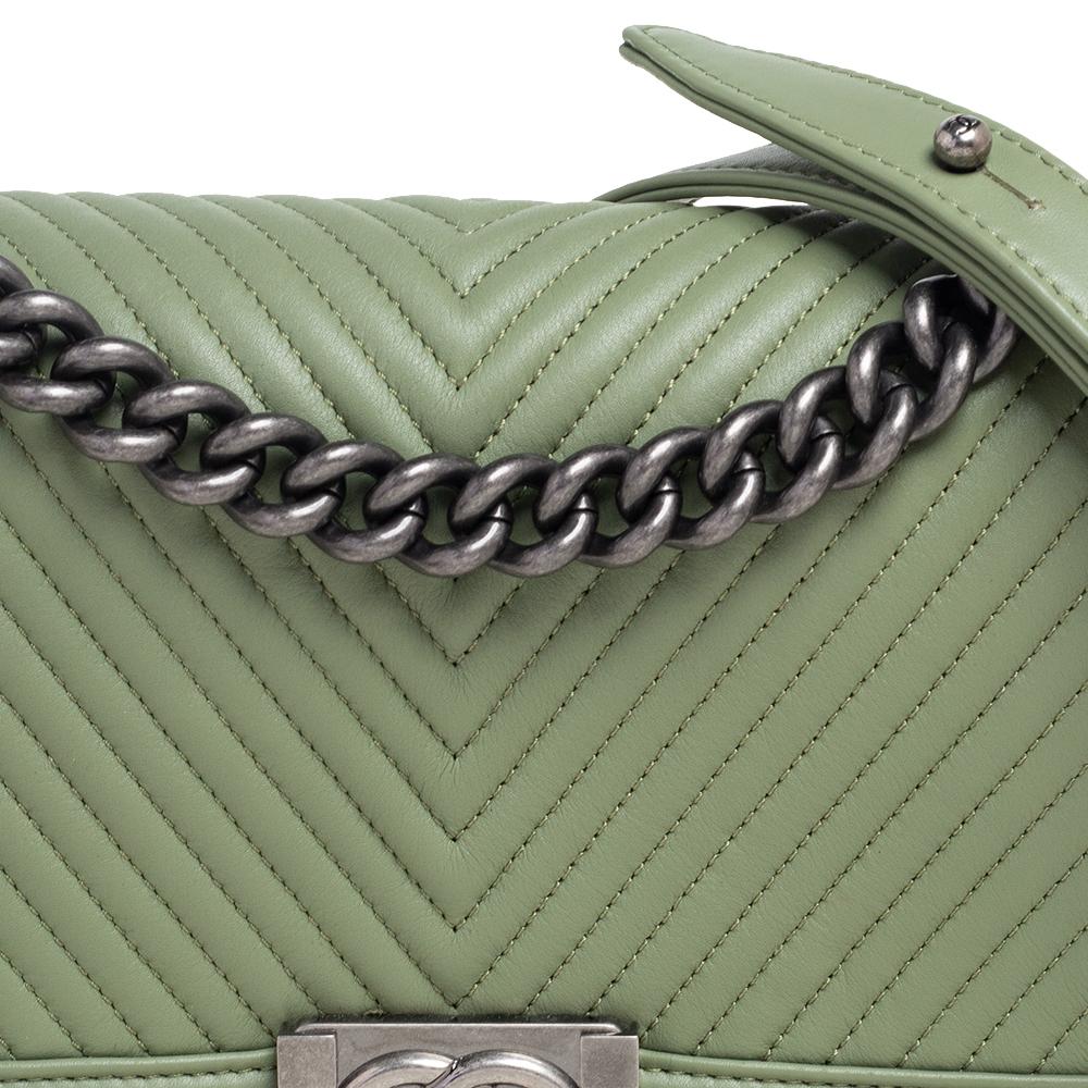 Chanel Green Chevron Leather Medium Boy Flap Bag 1