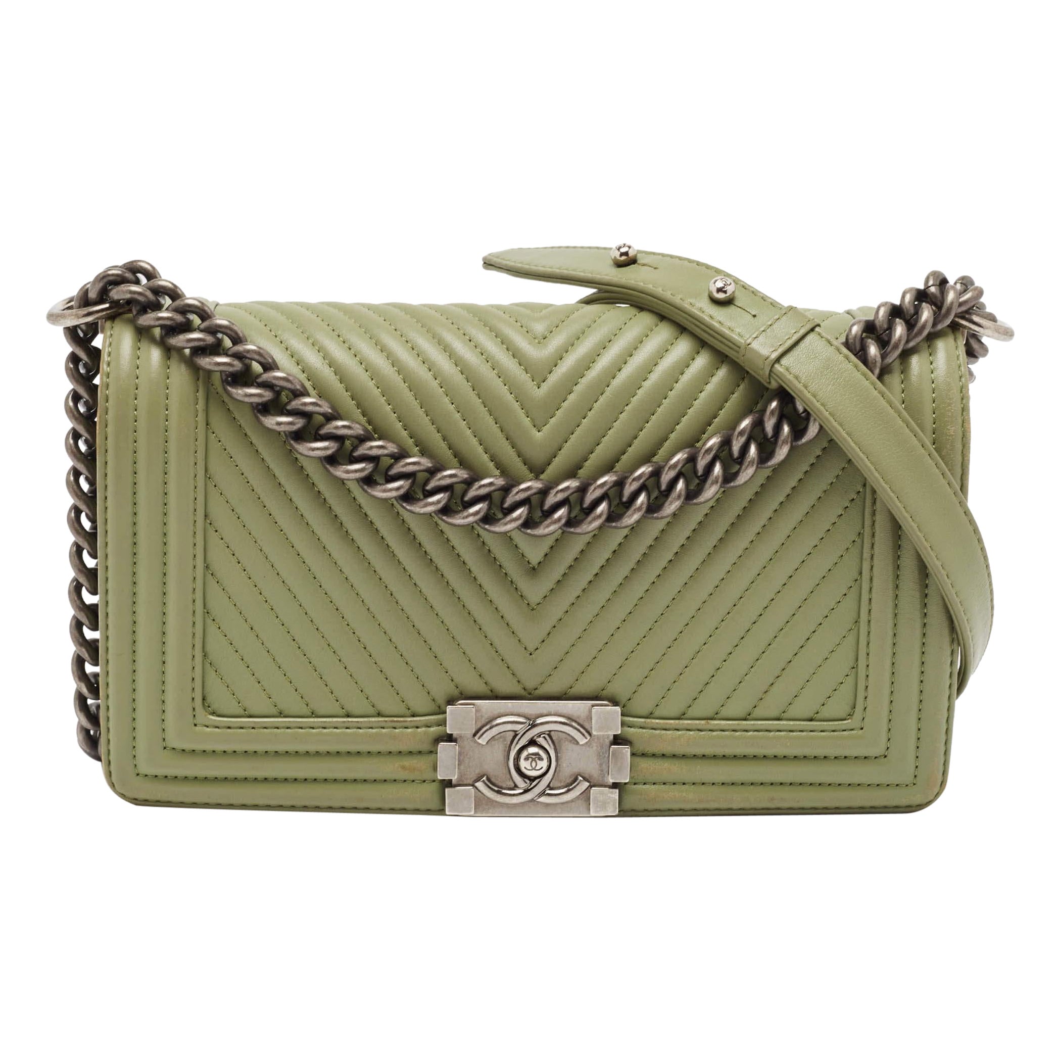 Chanel Green Chevron Leather Medium Boy Flap Bag