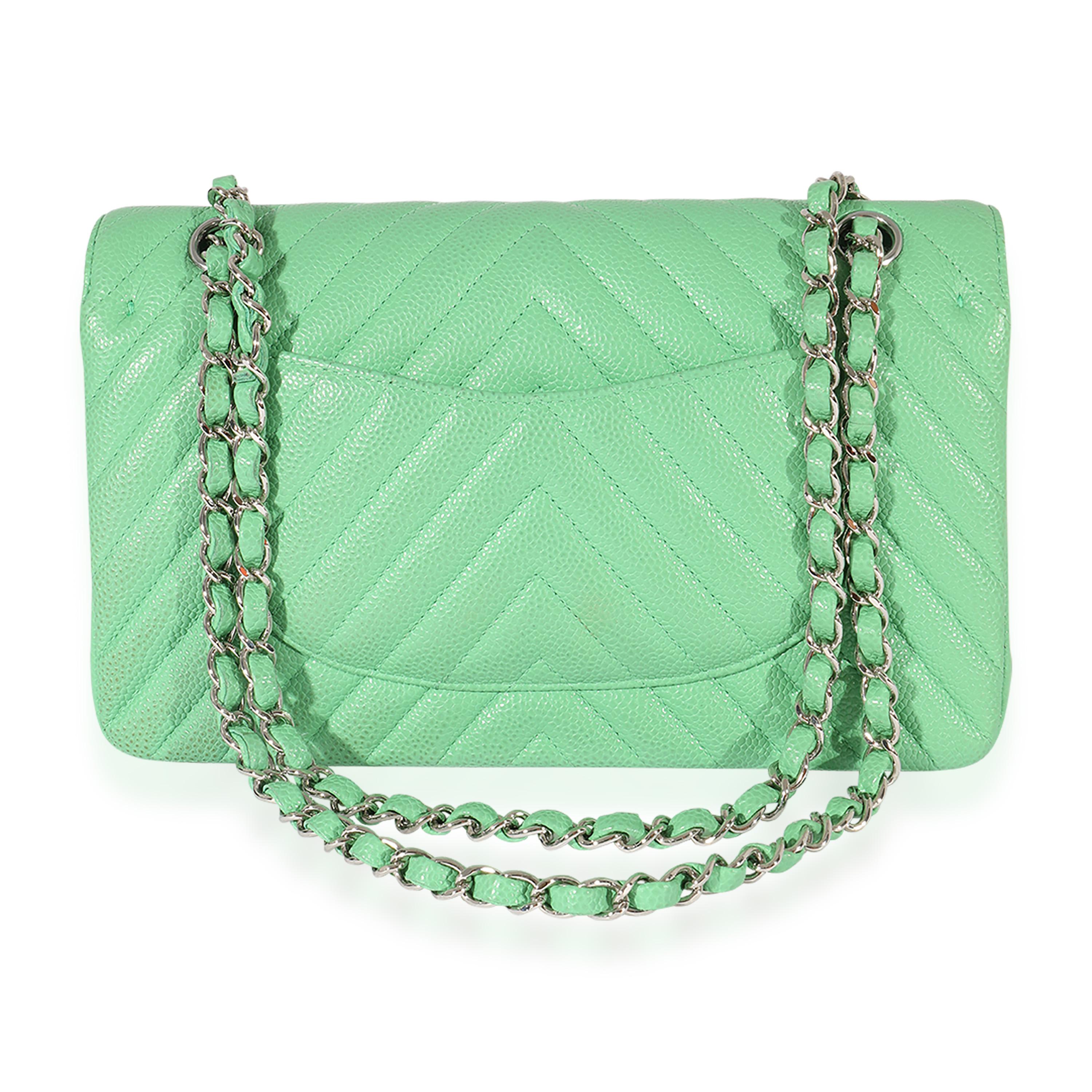 Women's Chanel Green Chevron Quilted Caviar Medium Classic Flap Bag