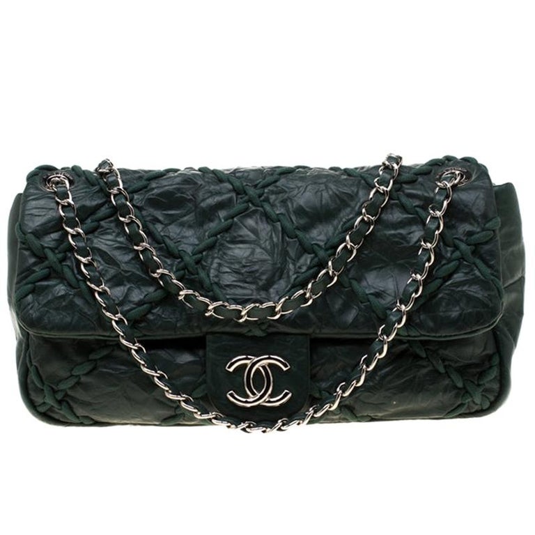 Chanel Green Crinkled Leather Ultra Stitch Classic Flap Bag For Sale at  1stDibs