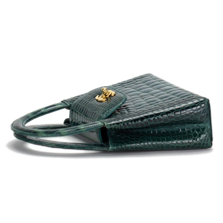 Chanel Green Crocodile Alligator Vintage Mini Minuadiére Kelly Top Handle  Bag