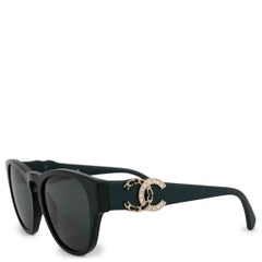 CHANEL green CRYSTAL & LEATHER CC RECTANGULAR Sunglasses 5455QB
