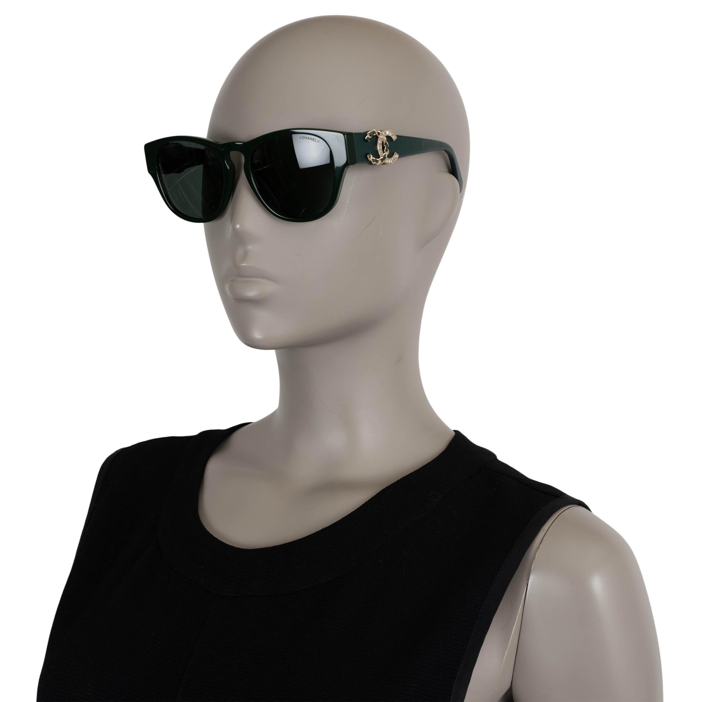 Women's CHANEL green CRYSTAL & LEATHER CC RECTANGULAR Sunglasses 5455QB For Sale