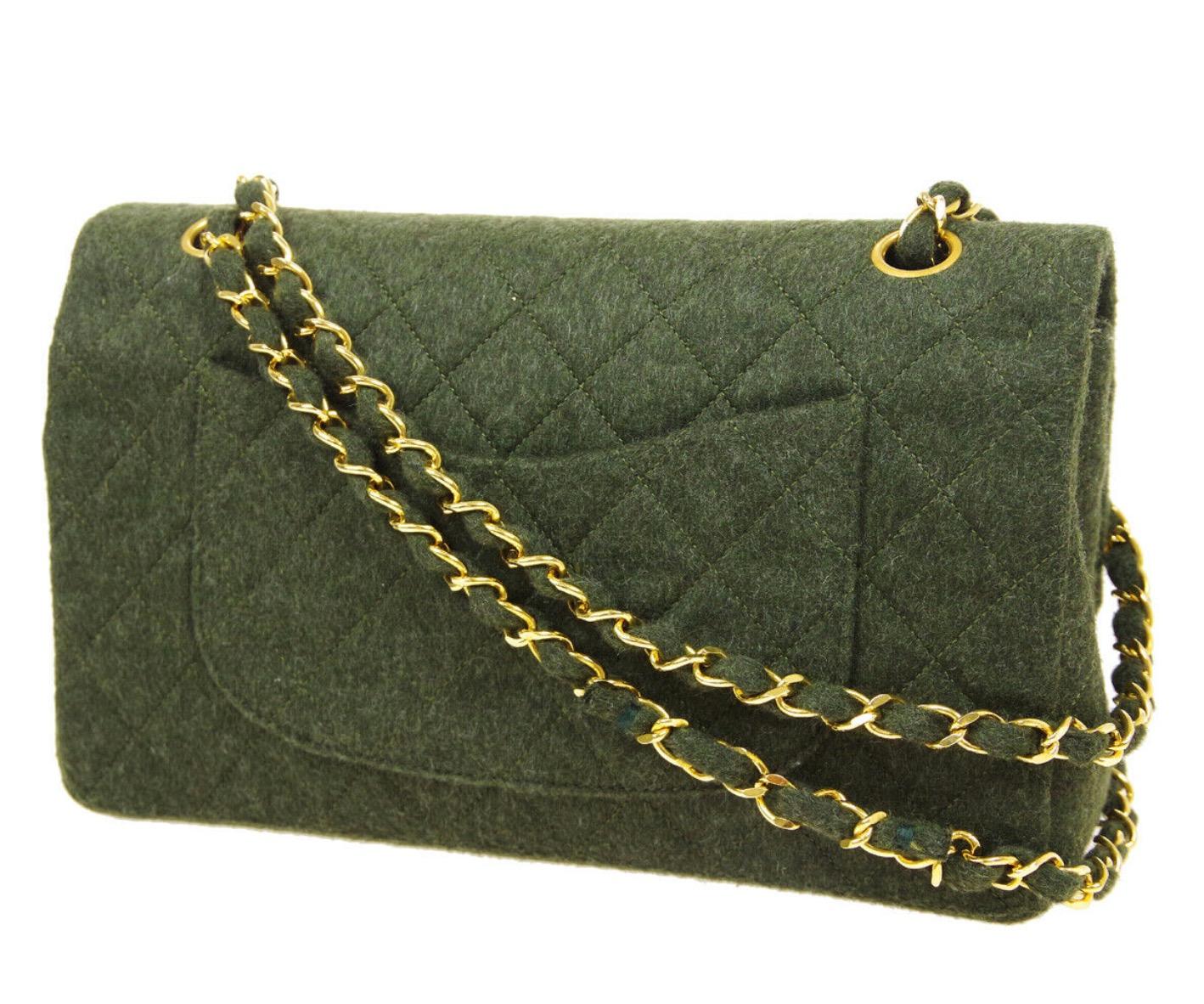 Black Chanel Green Felt Gold Medium Double Evening Shoulder Flap Bag