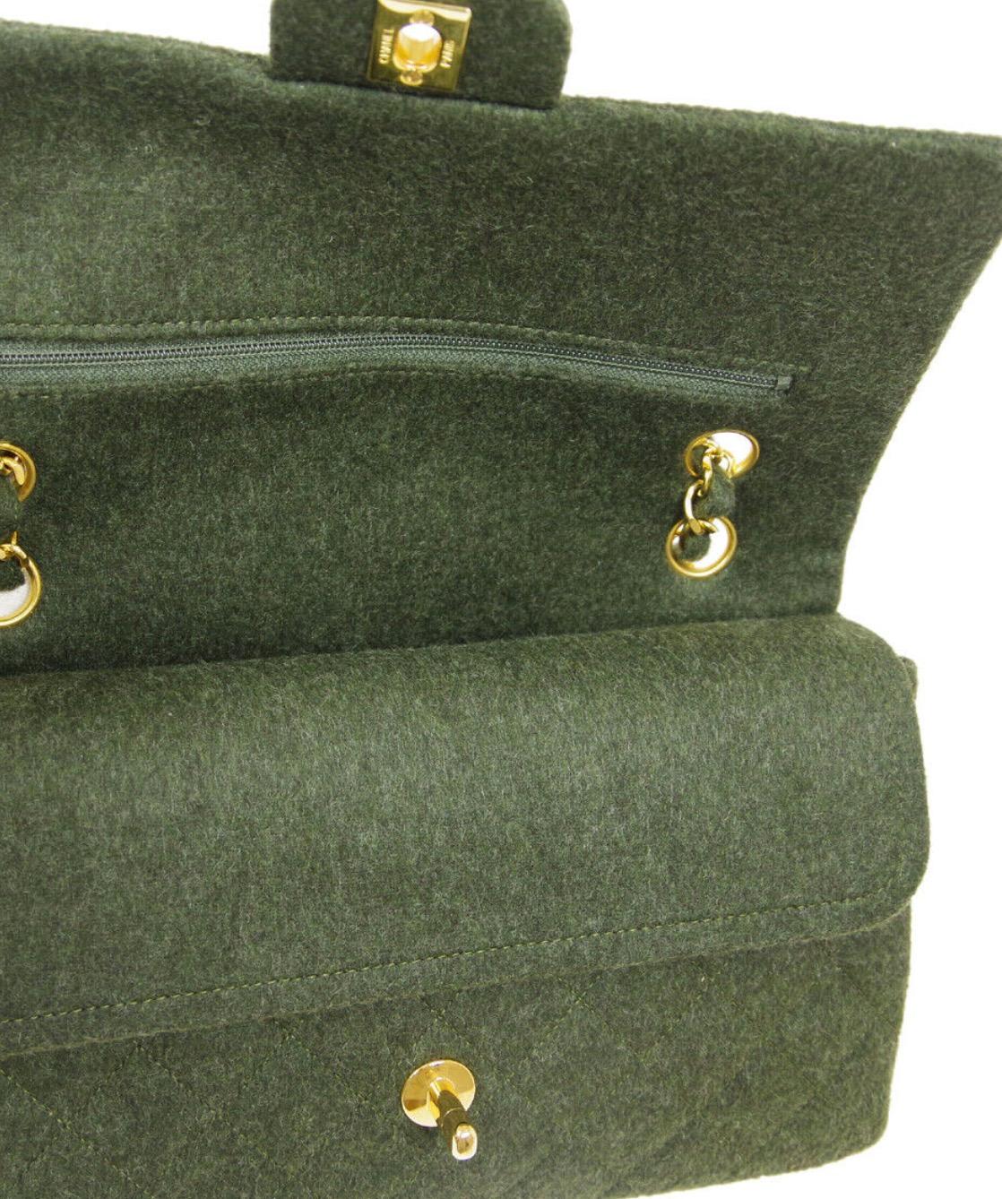 Chanel Green Felt Gold Medium Double Evening Shoulder Flap Bag 1