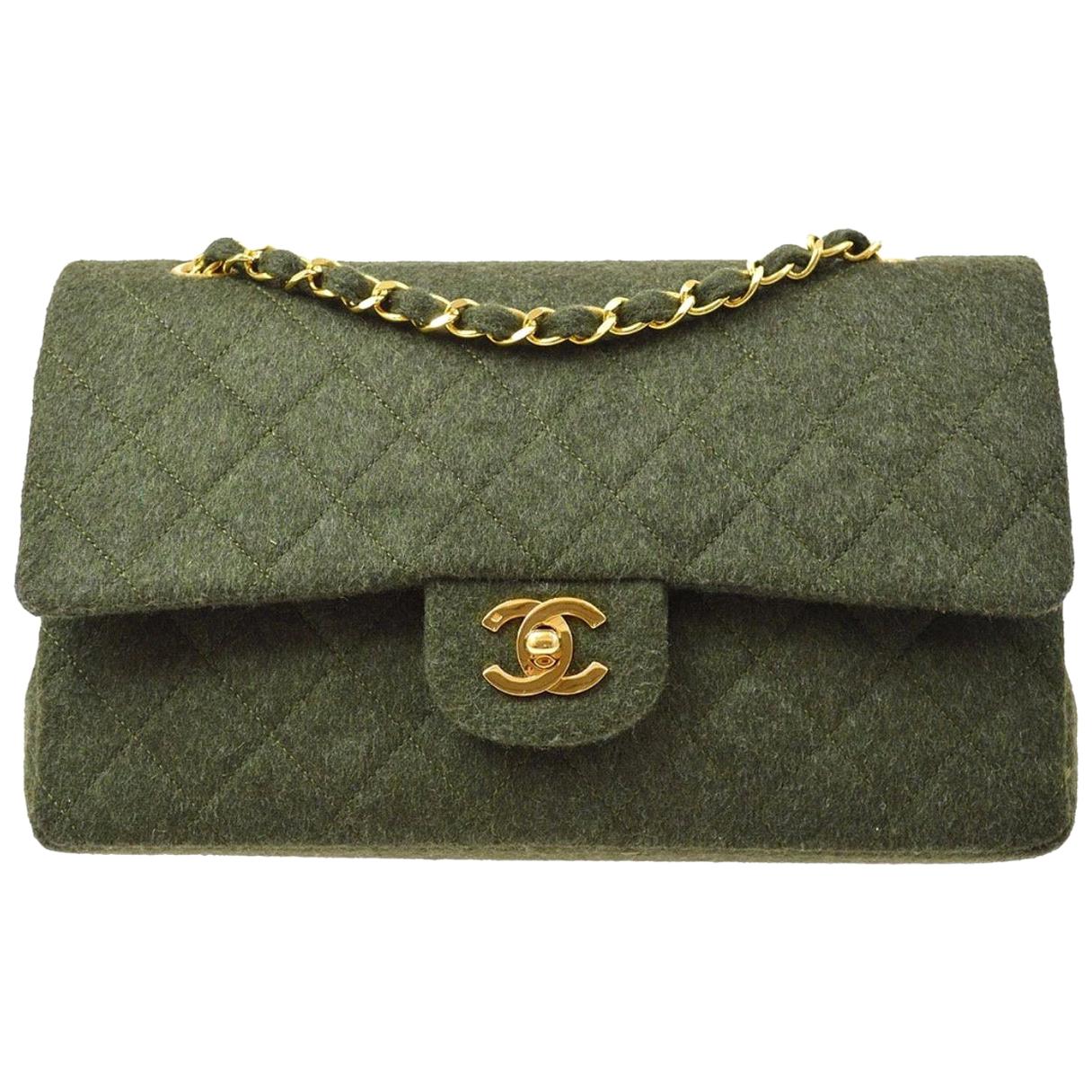 Chanel Green Felt Gold Medium Double Evening Shoulder Flap Bag