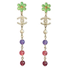 Chanel Green Floral Crystal CC Bead Dangle Earrings