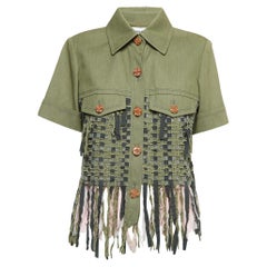 Chanel Green Gabardine Cuba Fringed Short Sleeve Jacket L
