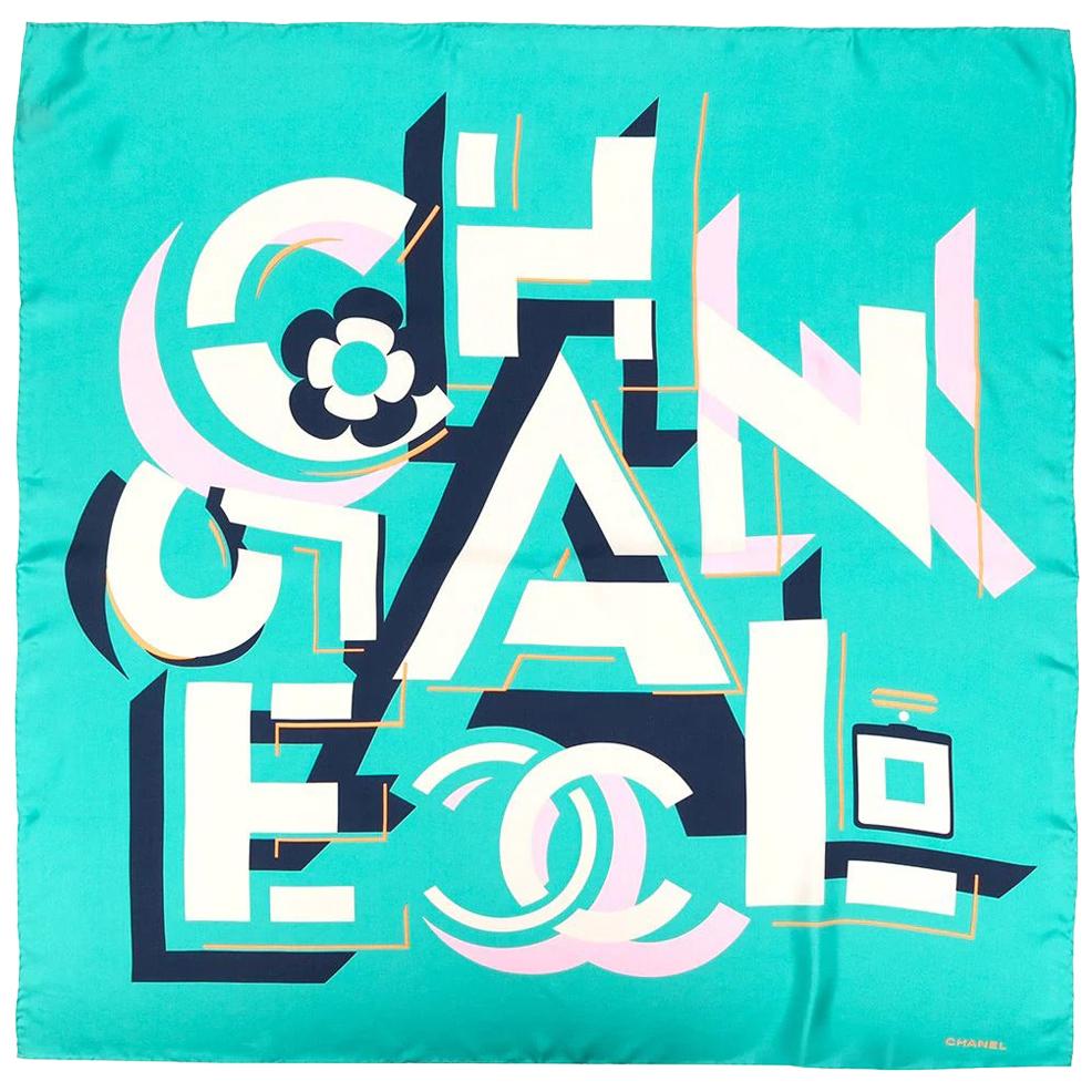 Chanel Green Geometric Logo Silk Scarf
