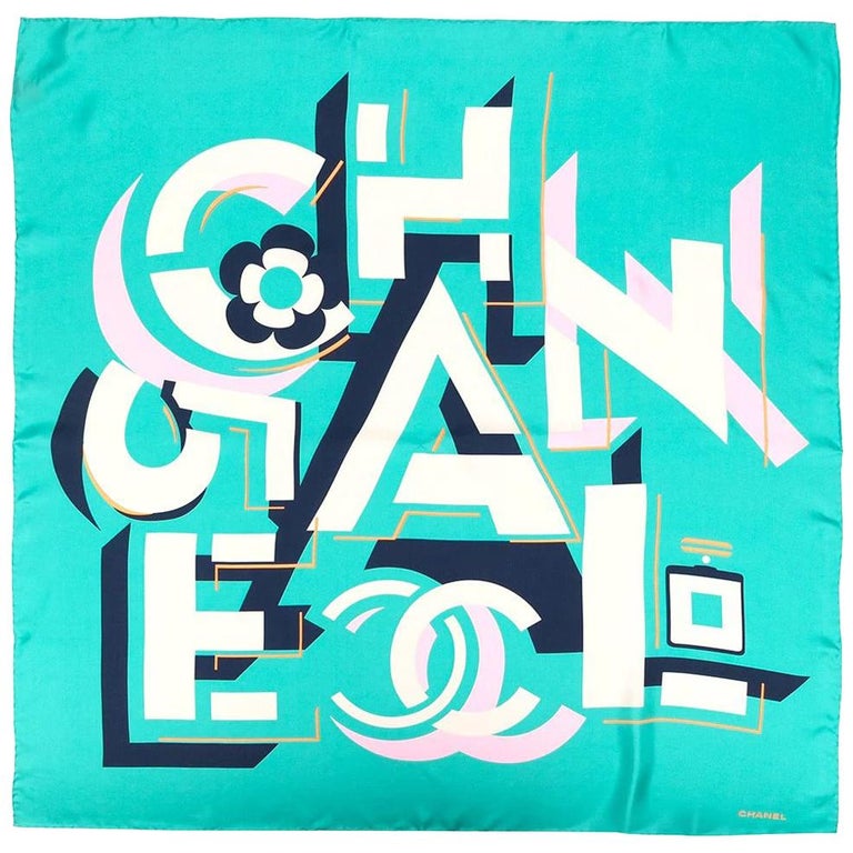 Chanel Green Geometric Logo Silk Scarf at 1stDibs