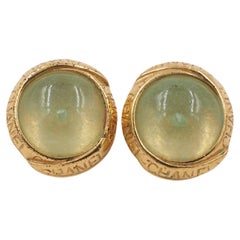 Chanel Green Glass Center Stone Gold Earrings