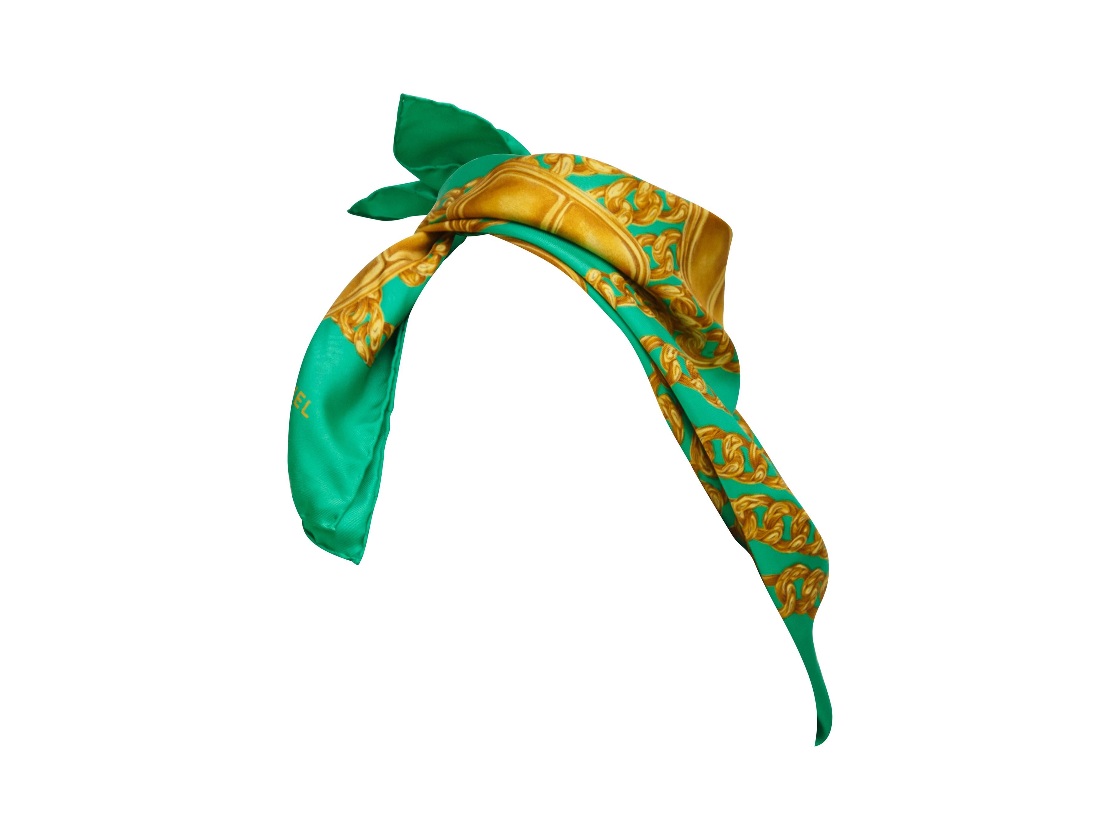 Product details: Vintage green and gold chainlink-printed silk scarf by Chanel.  35