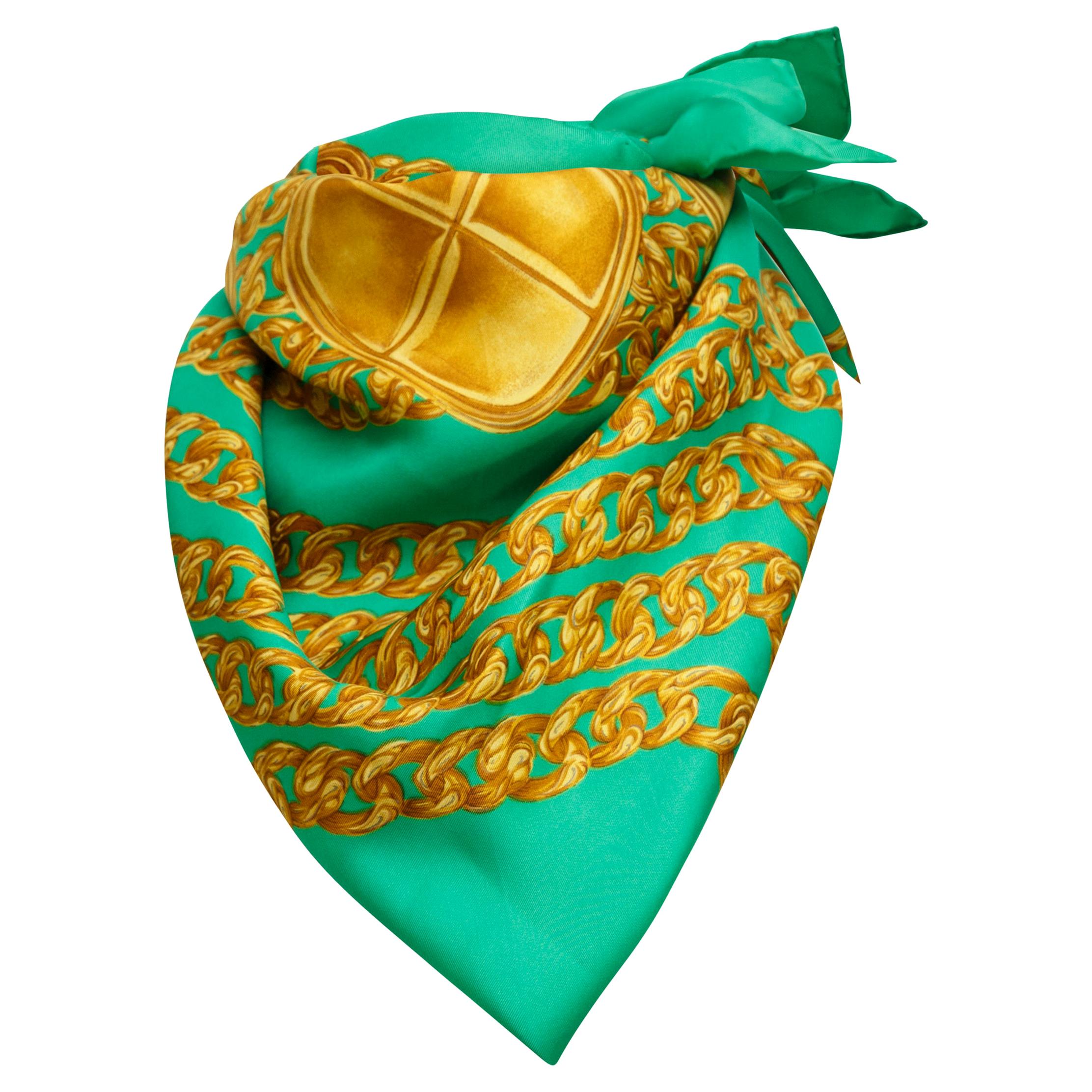 Chanel Green & Gold Printed Silk Scarf