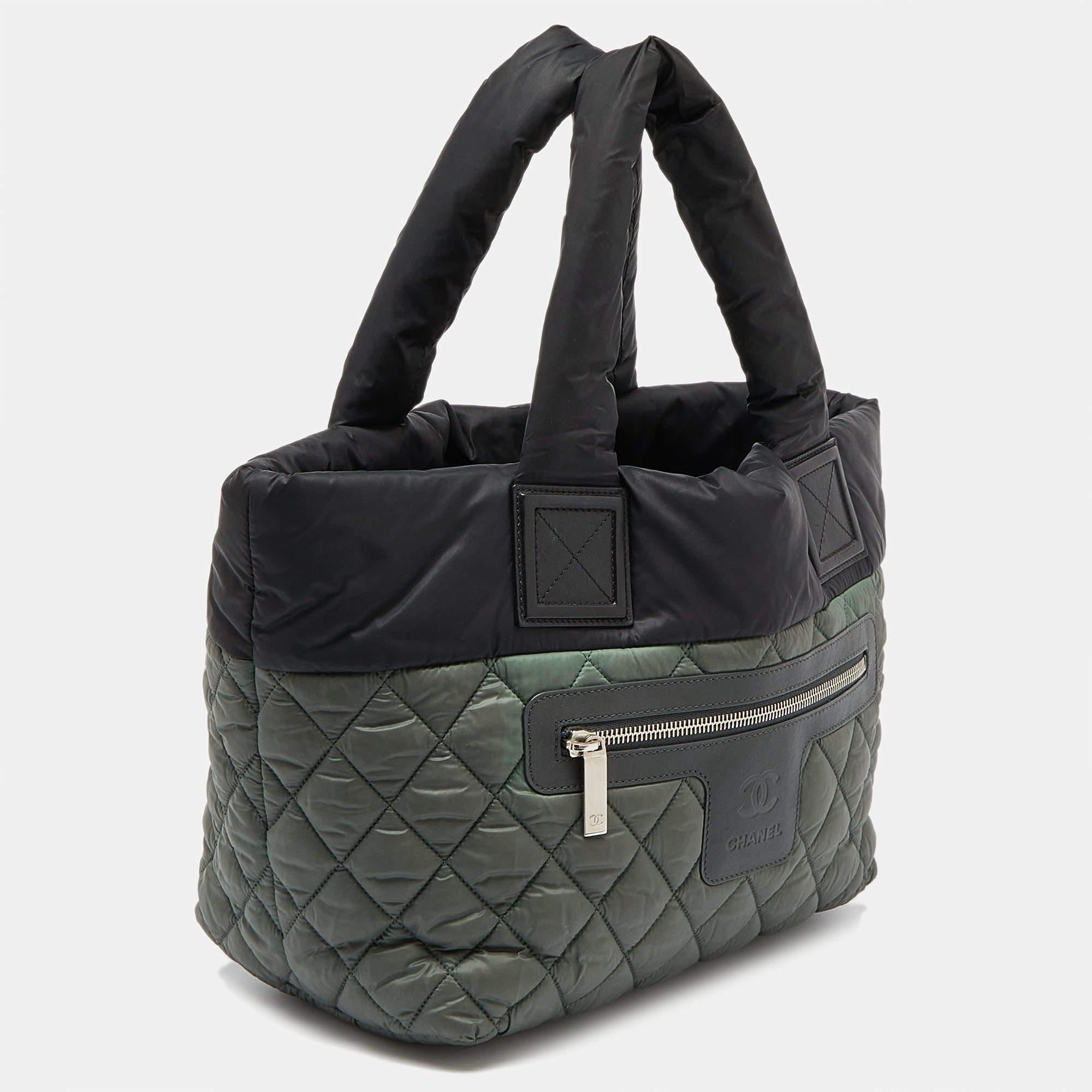 Black Chanel Green/Grey Quilted Nylon Coco Cocoon Tote