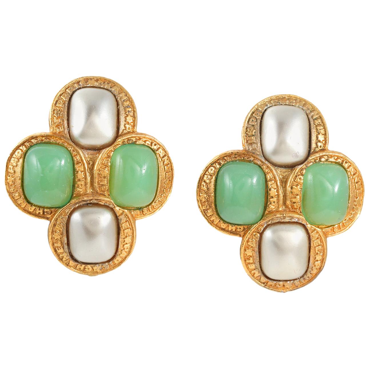 Chanel Green Gripoix and Silver Pearl Earrings For Sale