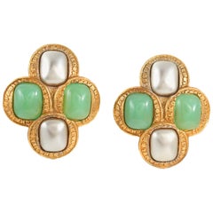 Retro Chanel Green Gripoix and Silver Pearl Earrings