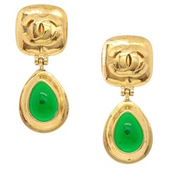 CHANEL Green Gripoix Gold CC Evening Dangle Drop Earrings