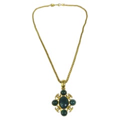 Chanel Green Gripoix Gold Charm Logo Camellia Evening Drop Link Chain Necklace