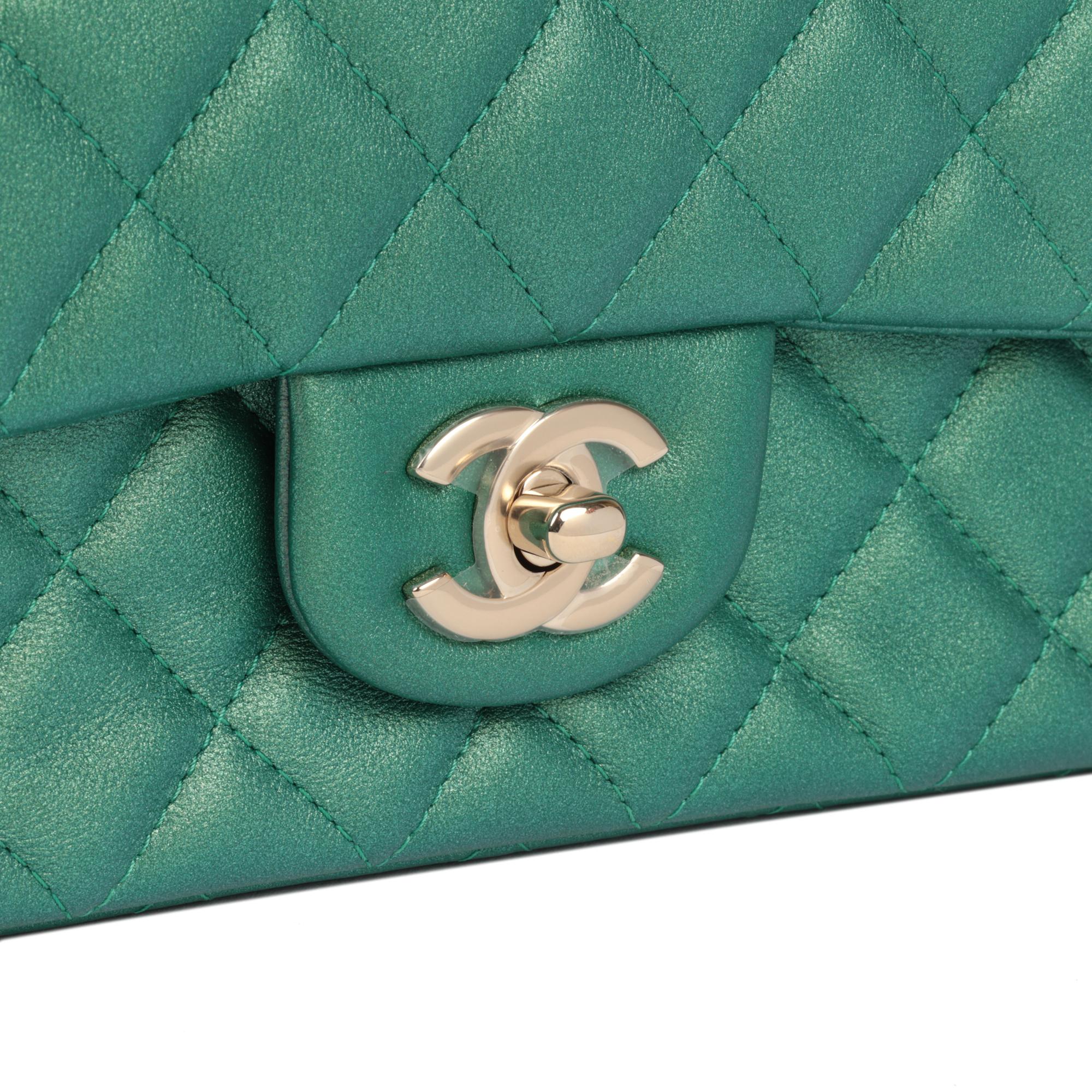Chanel Green Iridescent Quilted Lambskin Rectangular Mini Flap Bag For Sale 3