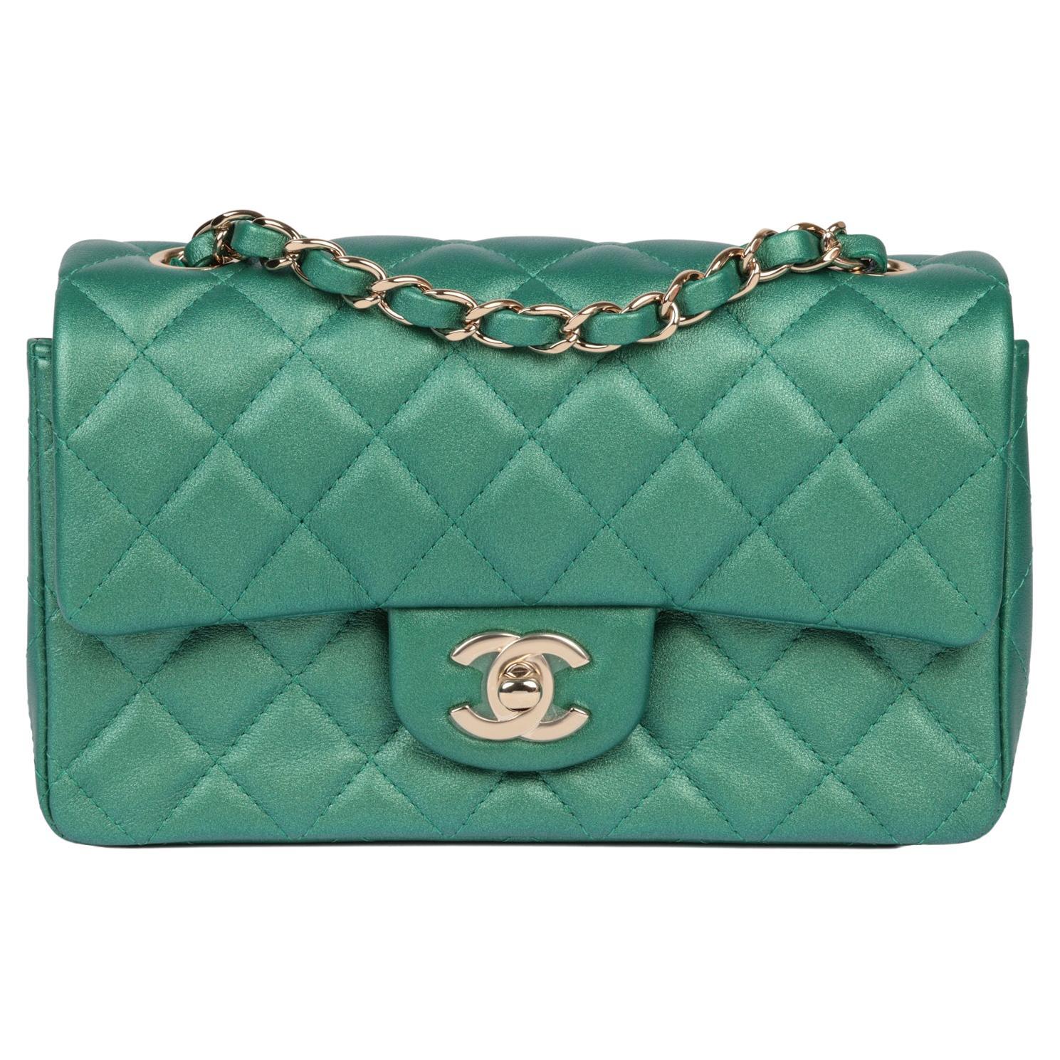 Chanel Green Iridescent Quilted Lambskin Rectangular Mini Flap Bag For Sale