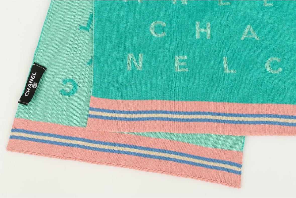 Chanel Green Knitted Scarf Bordered with Pink and Blue Stripes For Sale 1
