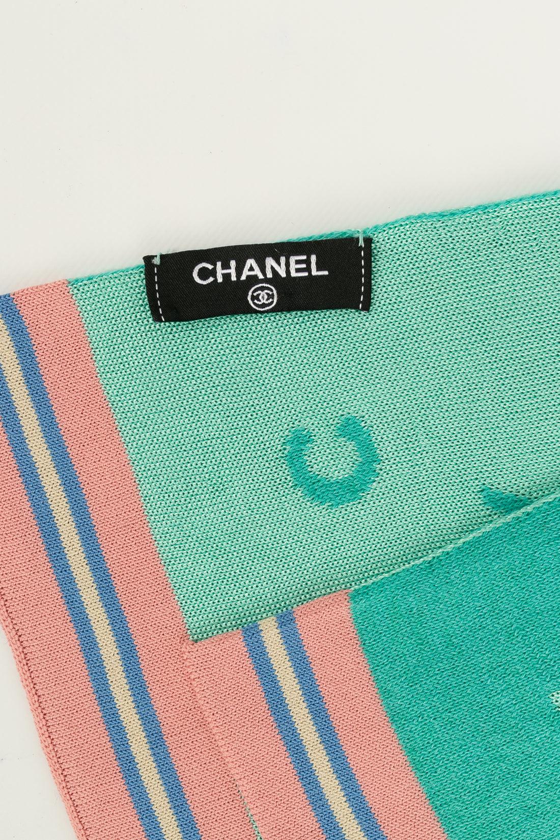 Chanel Green Knitted Scarf Bordered with Pink and Blue Stripes For Sale 2