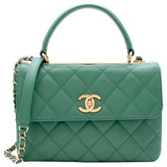 Chanel Green Lambskin Flap Top Handle Bag with Golden Hardware at