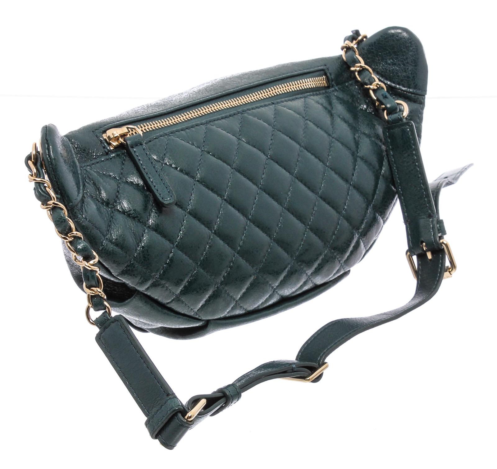 Black Chanel Green Lambskin Leather Bi Classic Waist Bag 