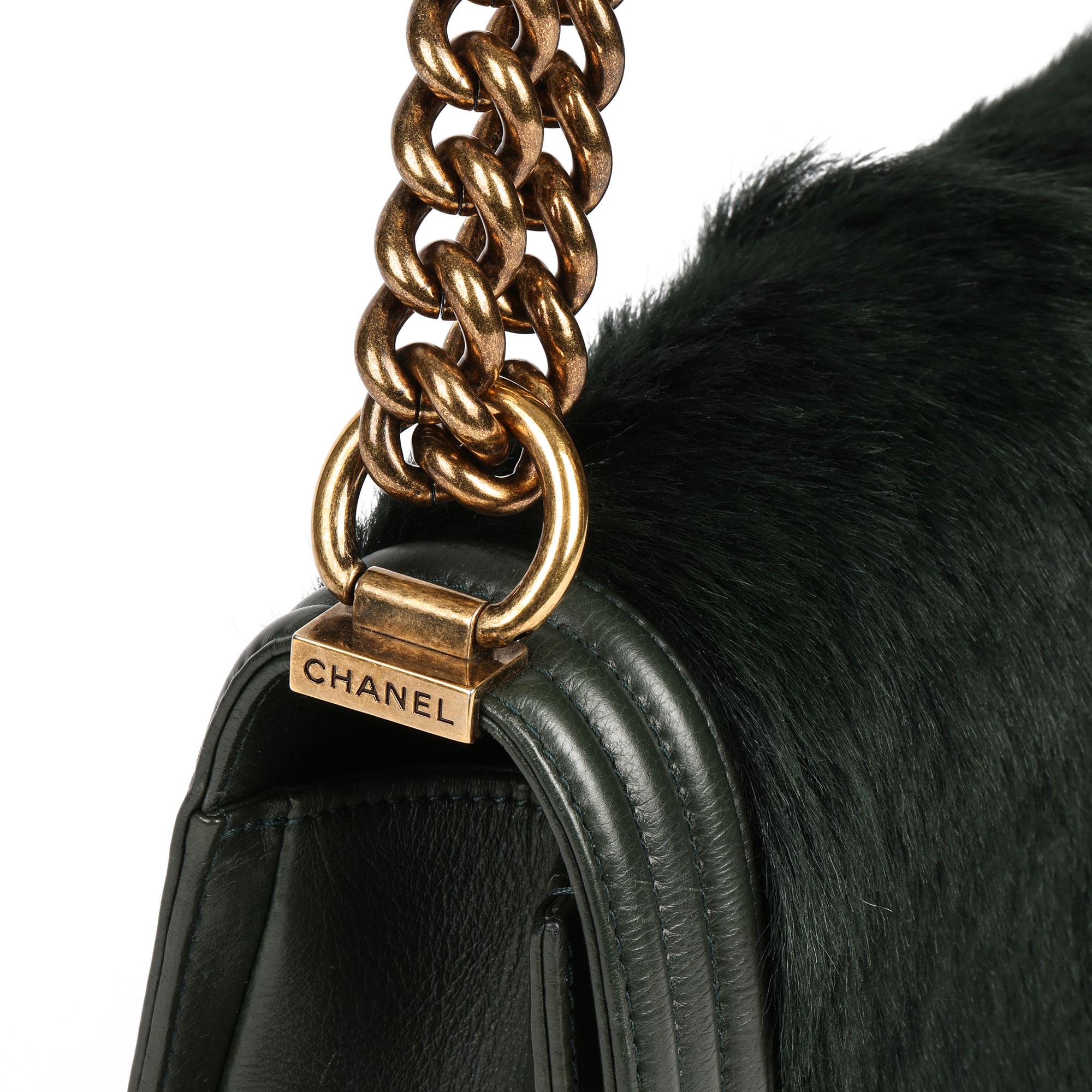 Women's Chanel Green Lambskin Leather & Goat Fur Medium Le-Boy Bag