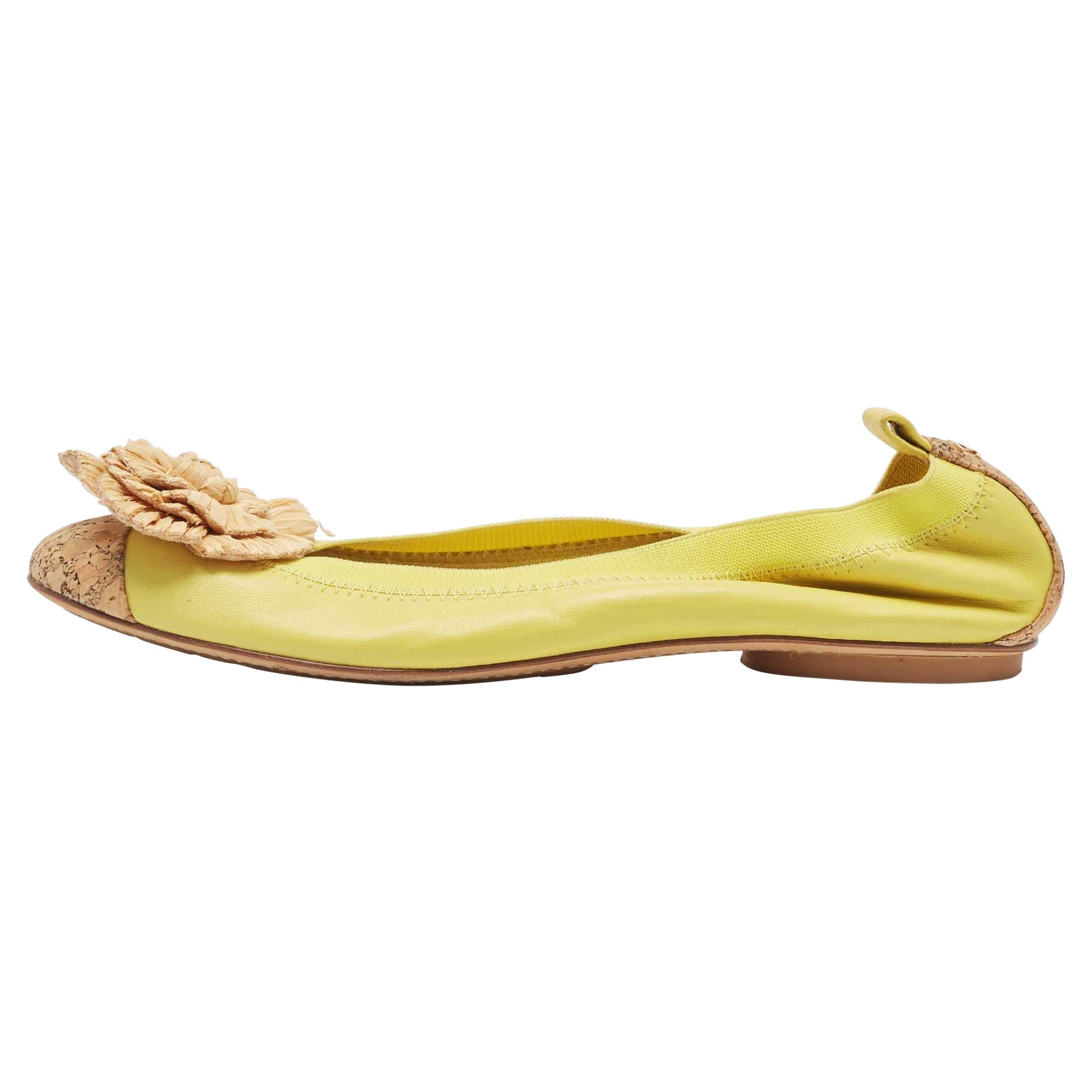 Chanel Green Leather and Cork Camellia Ballet Flats Size 41