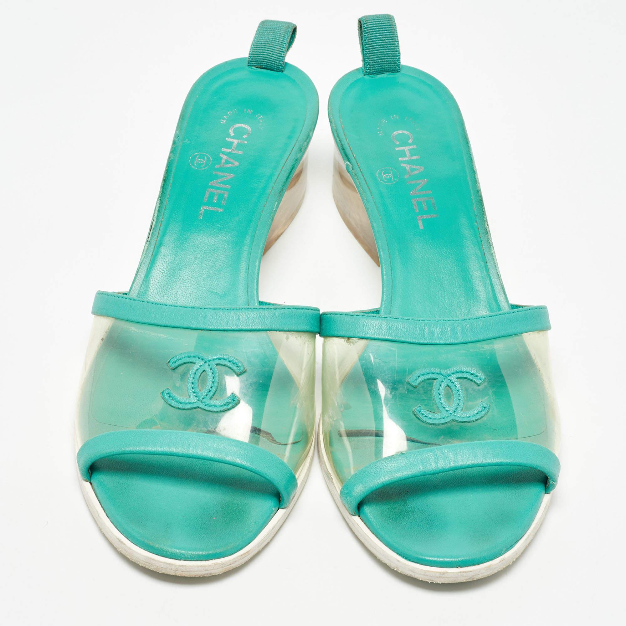 Gray Chanel Green Leather and PVC CC Slide Sandals