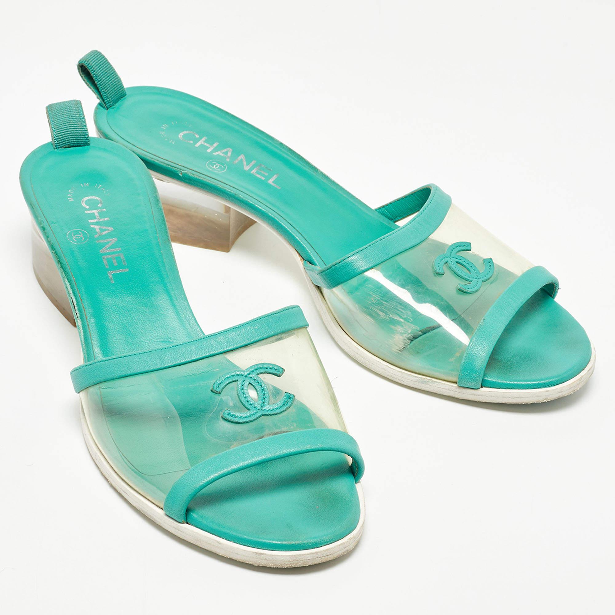 Women's Chanel Green Leather and PVC CC Slide Sandals