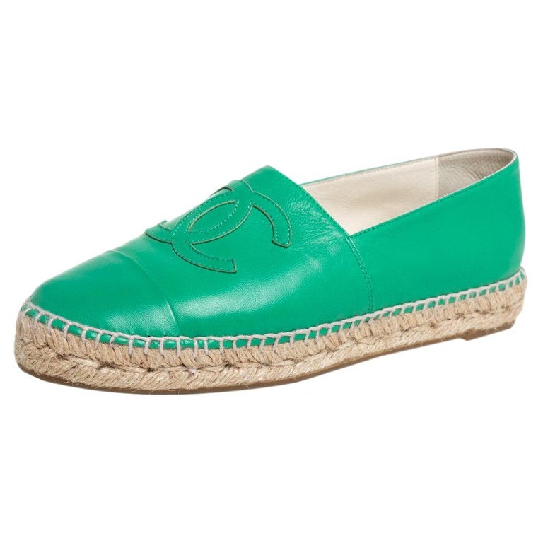 Chanel Green Leather CC Cap Toe Flat Espadrilles Size 38 at