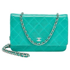 Used Chanel Green Leather CC Wallet On Chain