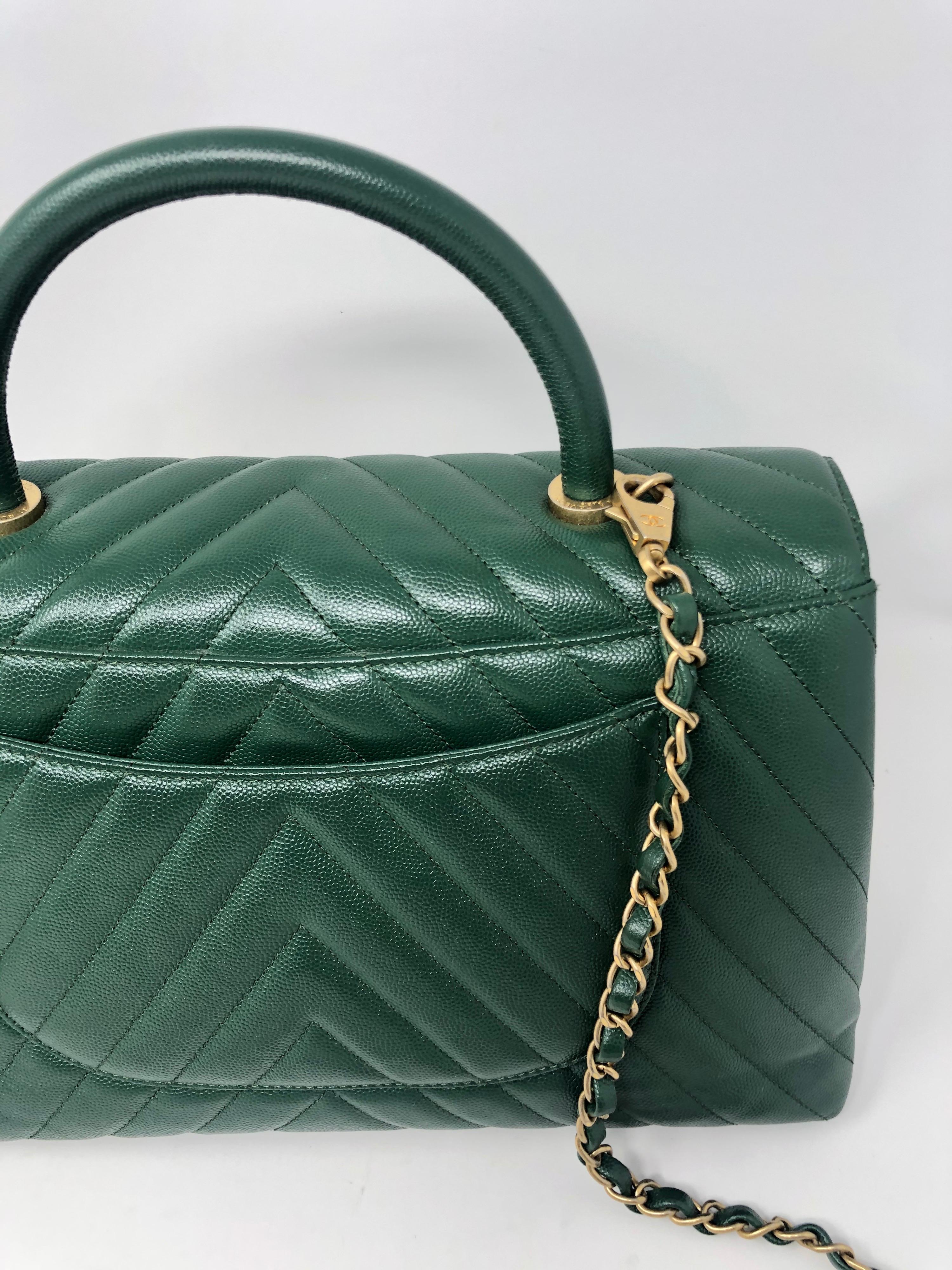 Chanel Green Leather Chevron Coco Handle Bag  7