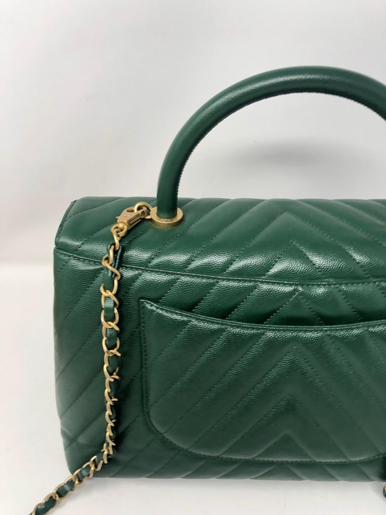Chanel Green Leather Chevron Coco Handle Bag