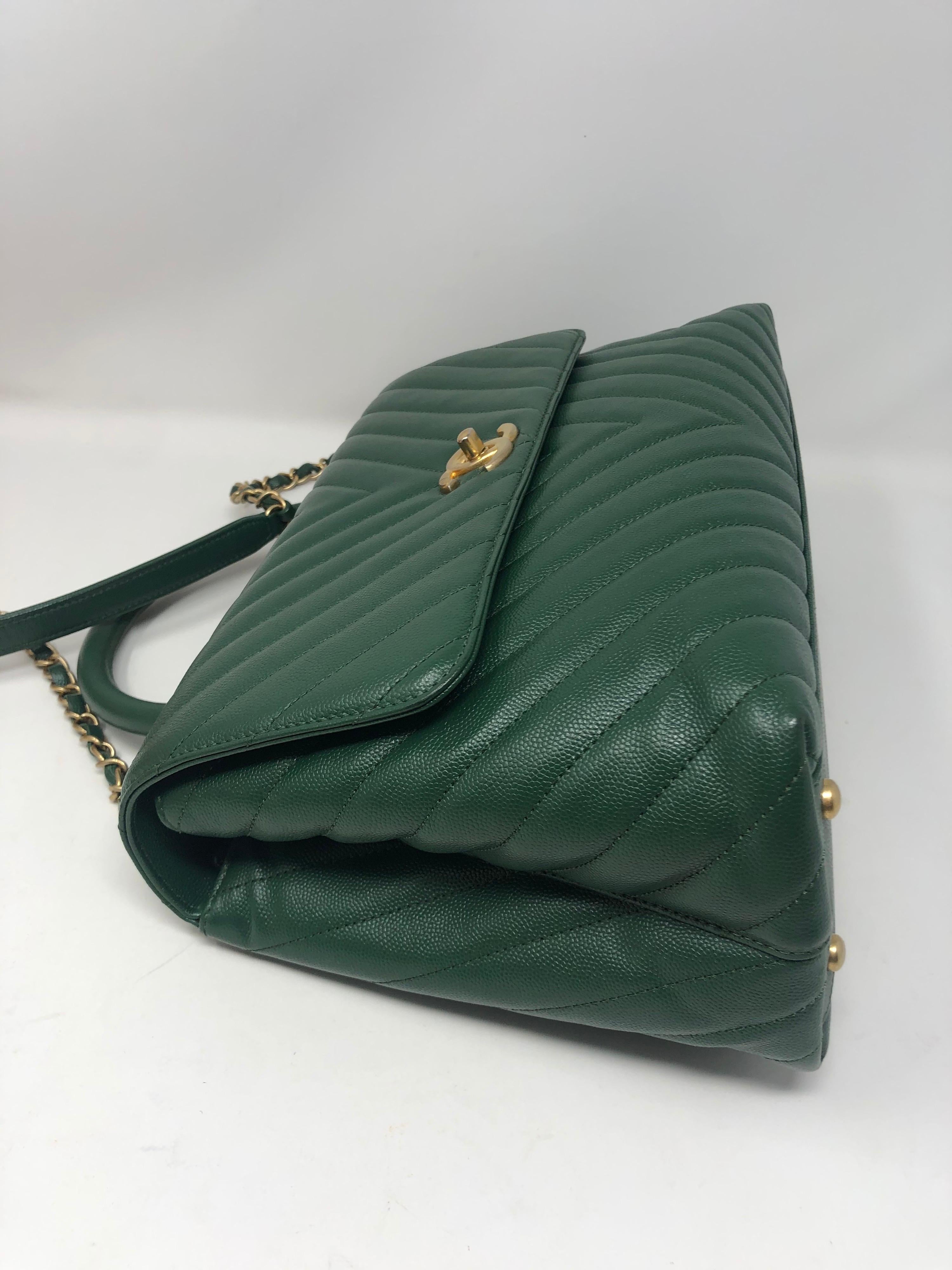 Chanel Green Leather Chevron Coco Handle Bag  10