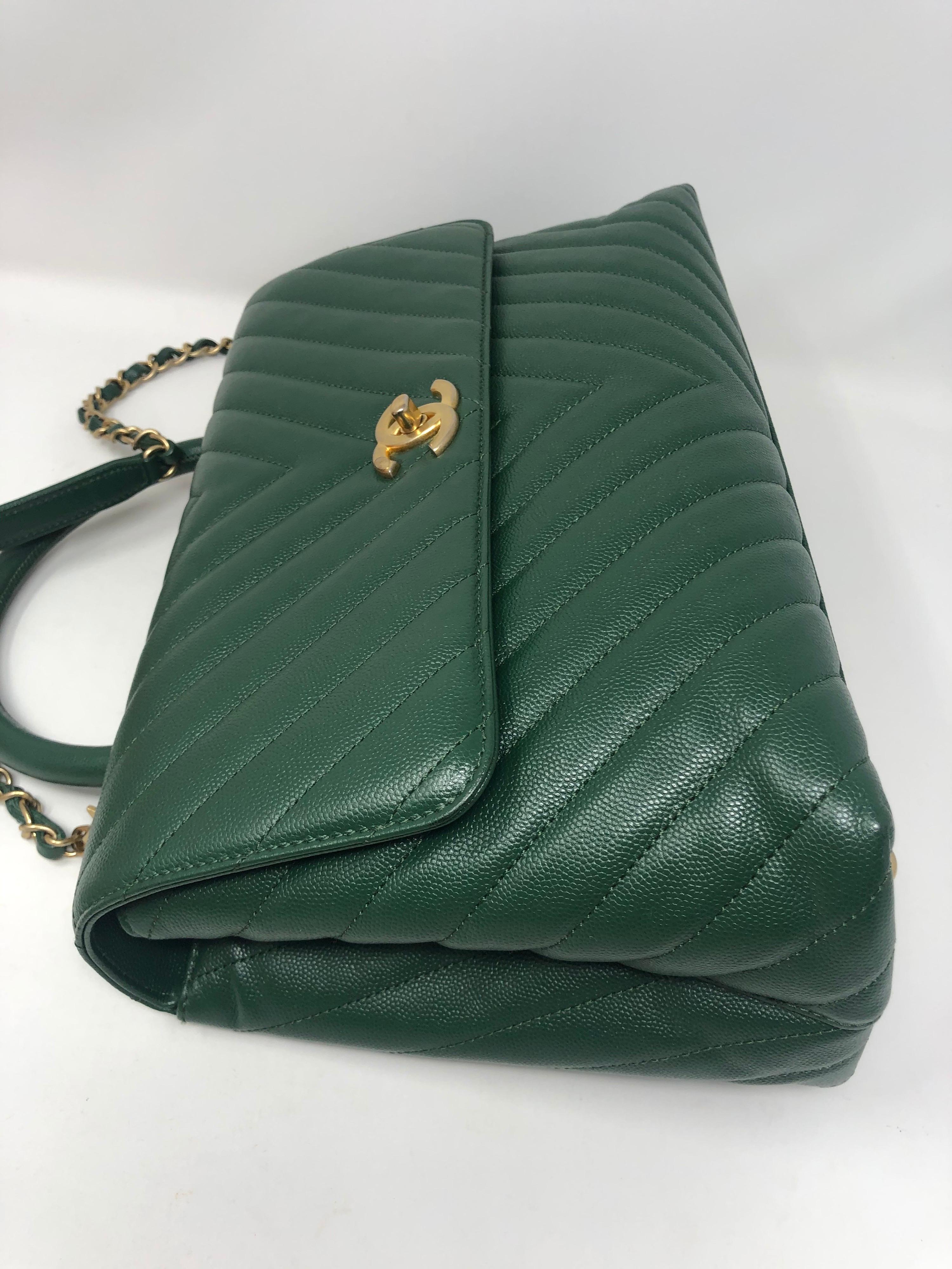 Chanel Green Leather Chevron Coco Handle Bag  11