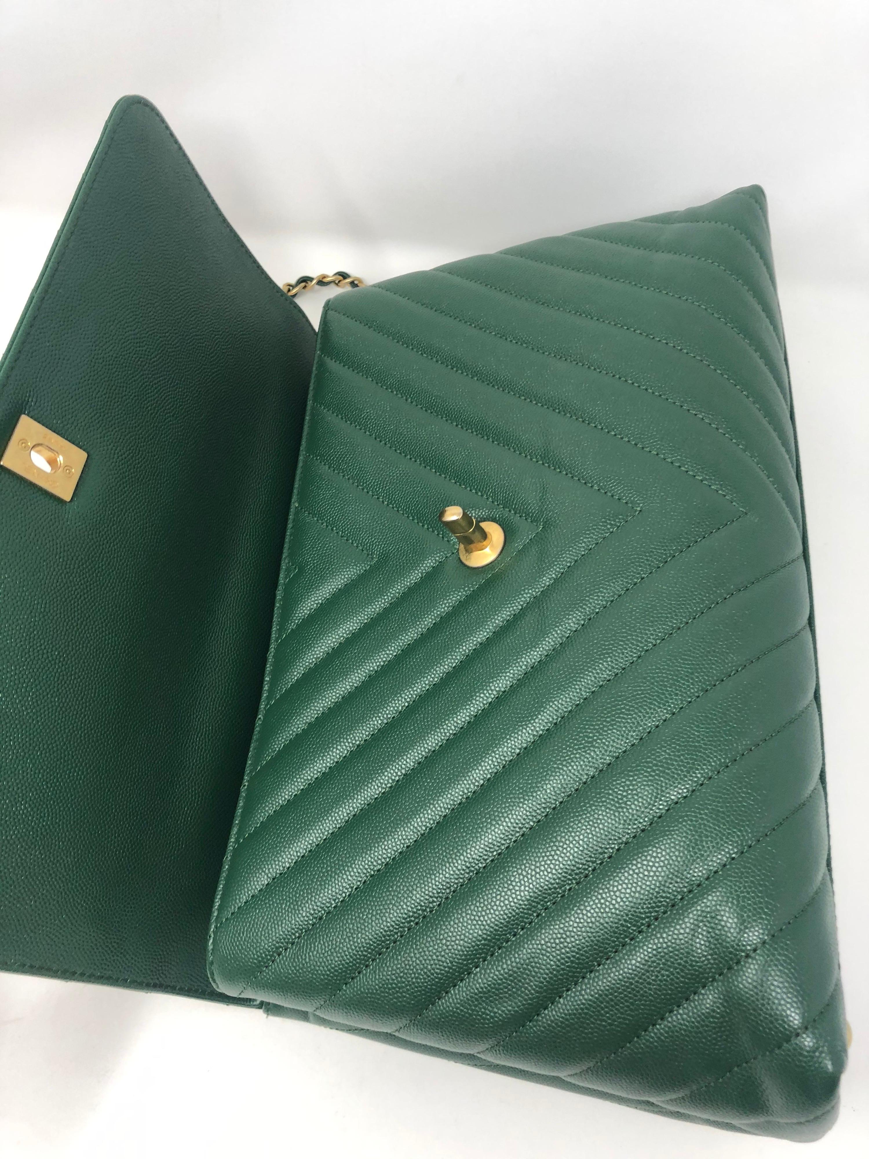 Black Chanel Green Leather Chevron Coco Handle Bag