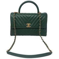 Chanel Green Leather Chevron Coco Handle Bag 