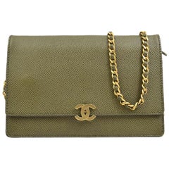 Chanel Green Leather Gold Wallet on Chain WOC Evening Shoulder Flap Bag