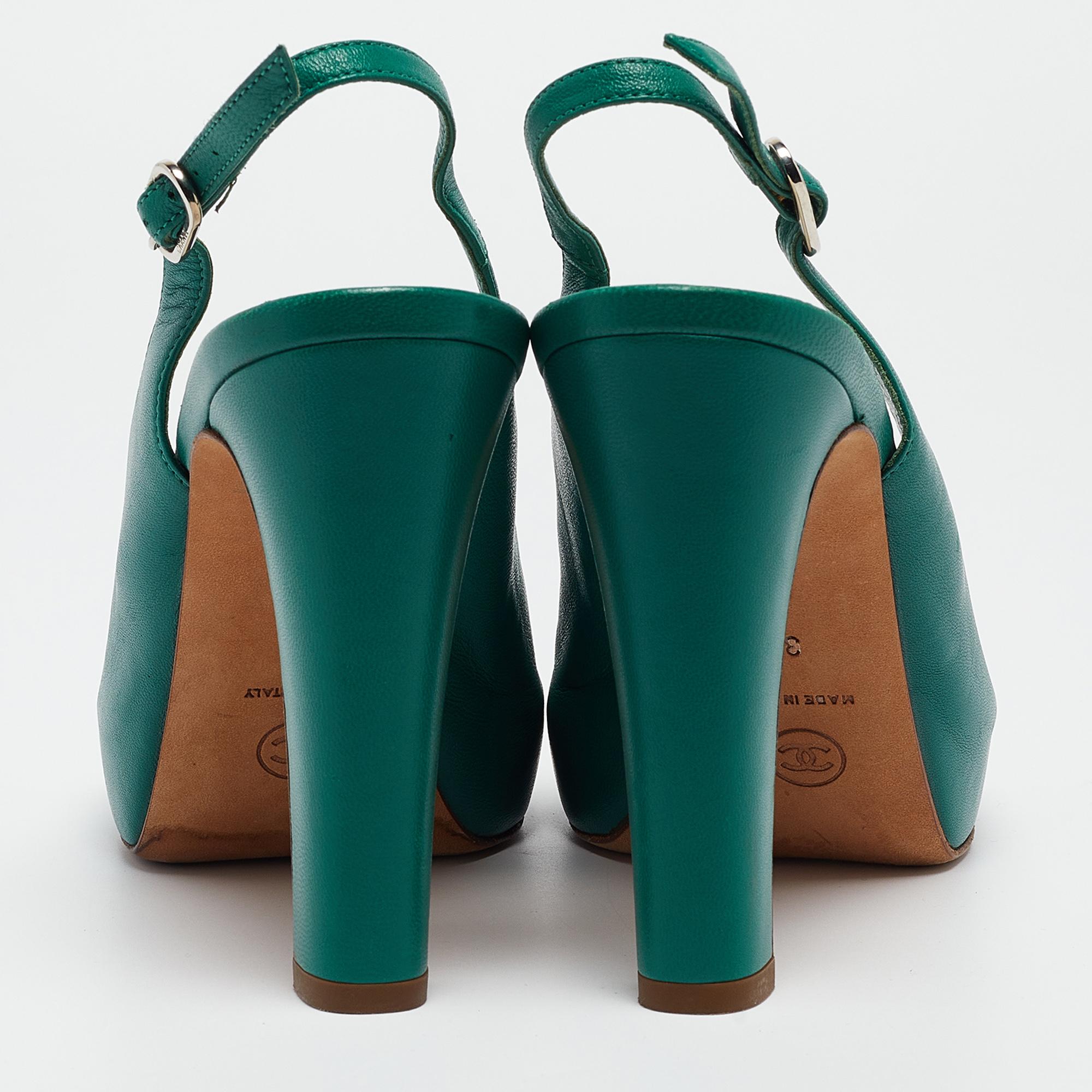 Chanel Green Leather Slingback Slingback Sandals Size 38 1