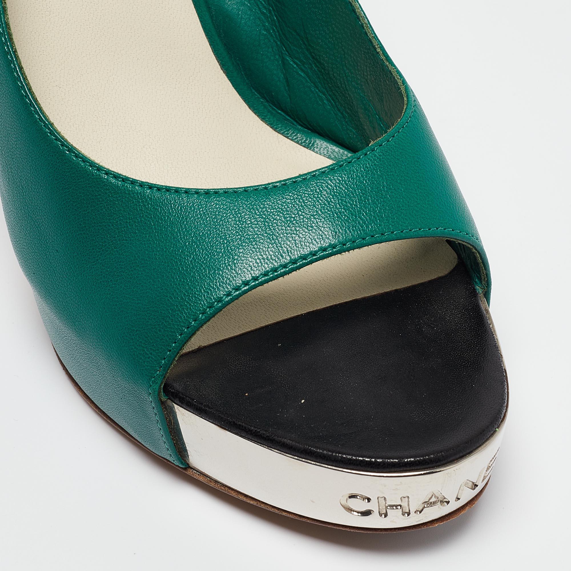 Chanel Green Leather Slingback Slingback Sandals Size 38 3
