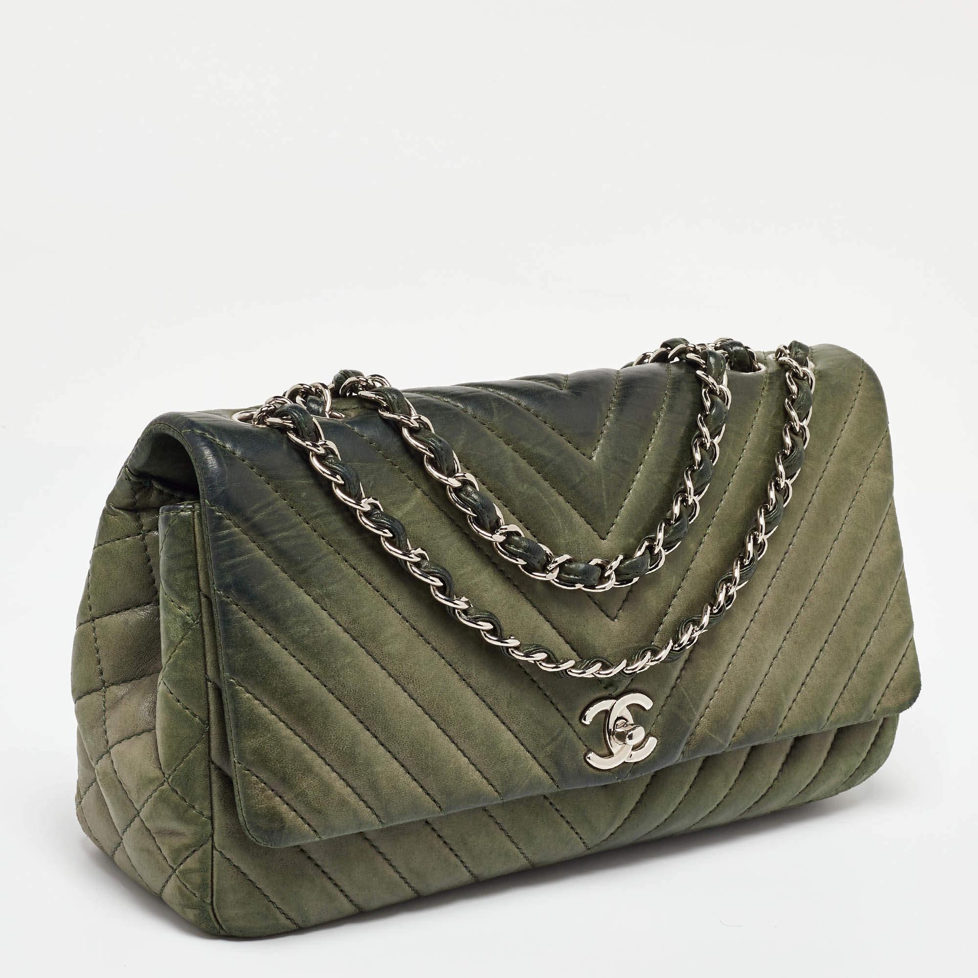 Black Chanel Green Leather Surpique Chevron Large Flap Bag
