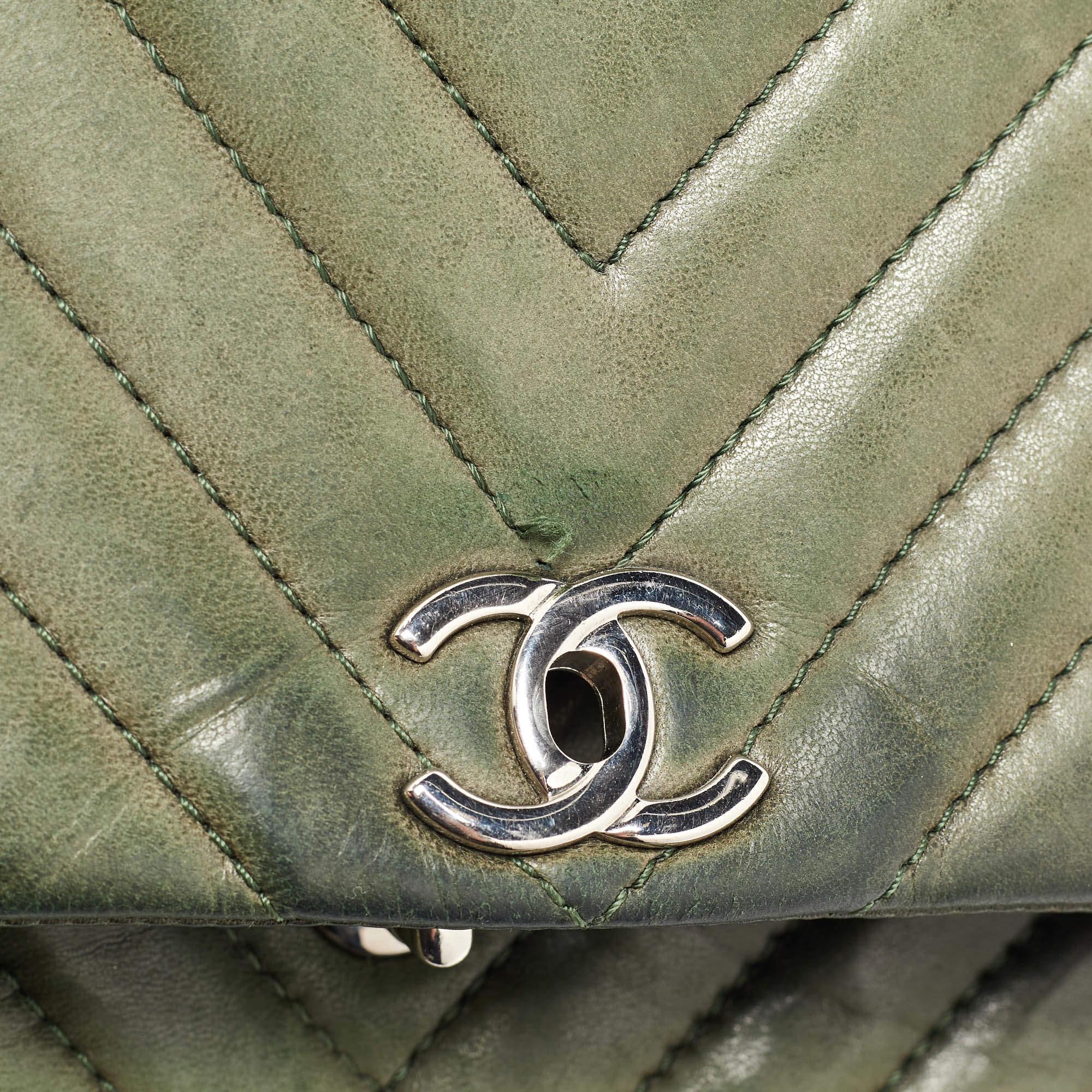 Chanel Green Leather Surpique Chevron Large Flap Bag 1