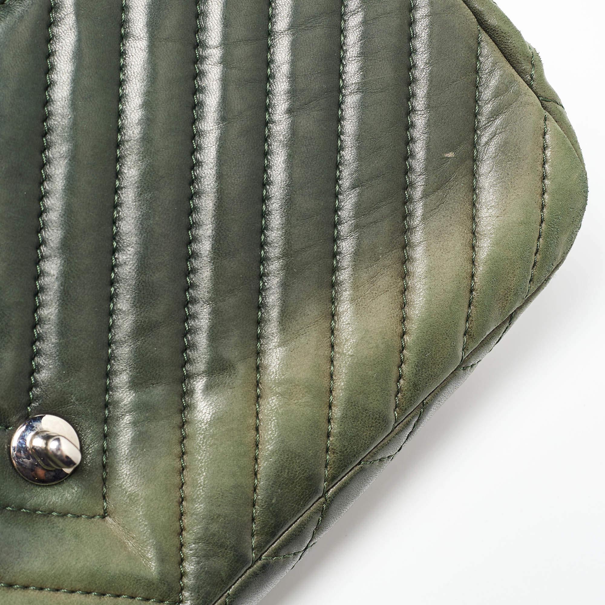 Chanel Green Leather Surpique Chevron Large Flap Bag 2