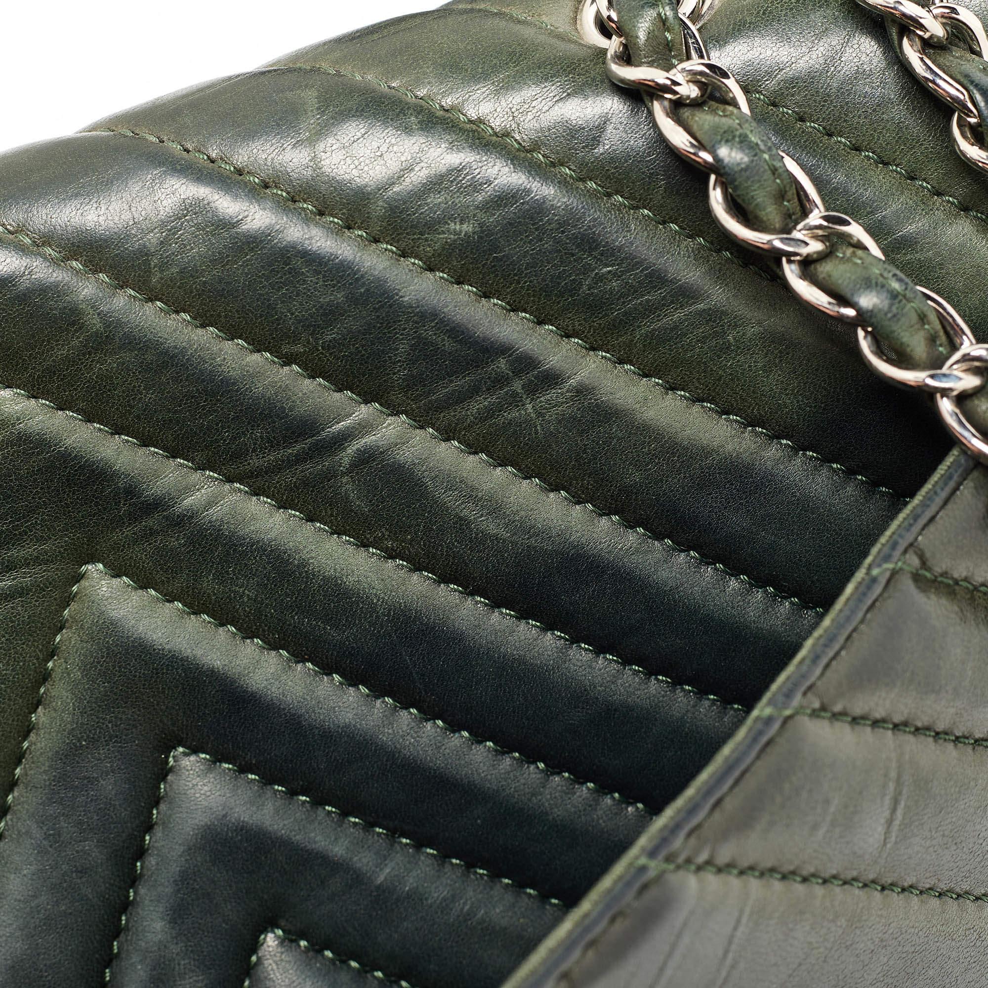 Chanel Green Leather Surpique Chevron Large Flap Bag 4